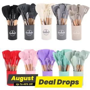 Silicone Cooking Utensils Set, 12pcs/set Non-stick Heat Resistant Kitchen Utensils Set, Silicone Spatula Set, Kitchen Cooking Utensils Set for Home Dining Room Barbecue, Modern Kitchen Gadgets, Kitchen Tool, Kitchenware, Cookware, Wooden Cooking Tools