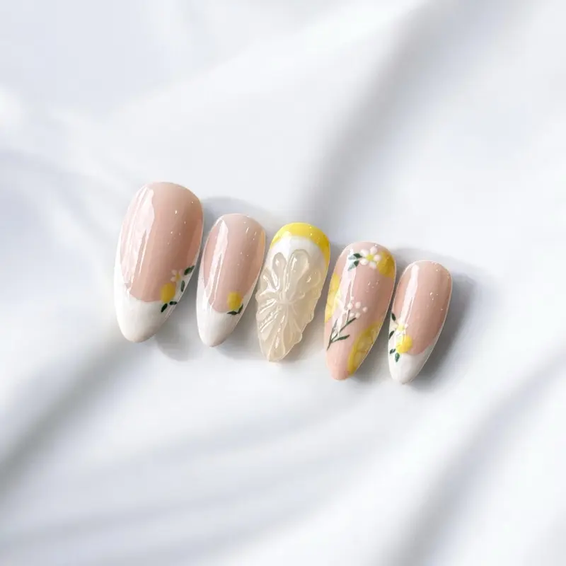 Lemon Blossom Press-On Nails | Spring Floral 3D Leaf Accent | Handmade Pastel French Tips 2