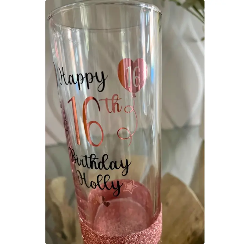 Personalised Glitter Birthday Glass Balloon design - 18th, 21st, 30th, 40th, 50th - Lit Wine Bottle Gin Wine - Rose Gold and many other colours available - Stylish, Drinkware 2