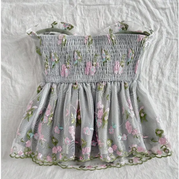 Vacation Allover Print Tie Front Ruffle Hem Strapless Crop Top for women. 3