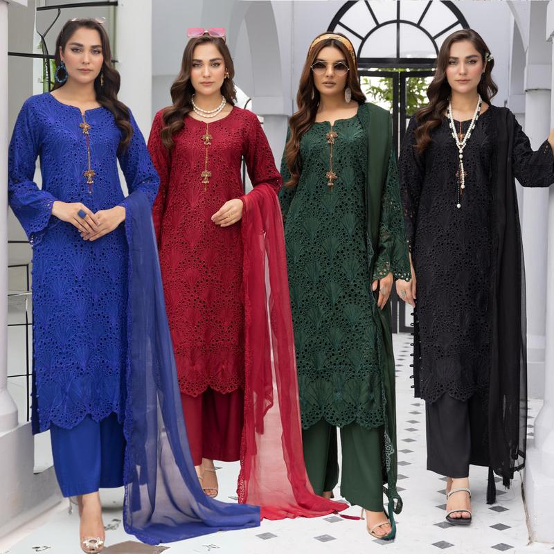 3 Pc Linen Chikenkari Ready to Wear Dress | Simrans | UMSIM4 0