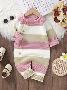 Baby's Striped Print Button Front Raglan Sleeve Sweater Onesie, Cute Cozy Long Sleeve Round Neck Knitwear for Fall & Winter, Newborn Infant Kids Clothes for Daily Wear, Baby Clothes, Baby Girl Clothes