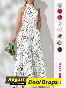 Women's All Over Print Pocket Tie Back Halter Neck Jumpsuit, Chic Fitted Sleeveless Wide Leg Jumpsuit for Summer, Fashion Ladies Clothes for Beach Holiday Vacation, Womenswear, Jumpsuits for Women, Casual Style Jumpsuit, Fashionable Jumpsuit