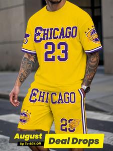 Men's Regular Fit Chicago Basketball Print Short Sleeve T-Shirt & Shorts Two-Piece Set, Casual Round Neck Tee & Shorts, Men's Two-piece Outfits for Spring & Fall