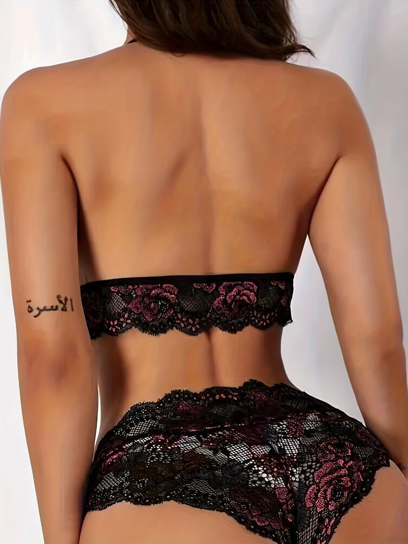 Product Introduction of Floral Lace Trim Lingerie Set, Seductive Push Up Bra + Semi-Sheer Lace Panties, Women's Sexy Lingerie & Underwear 1
