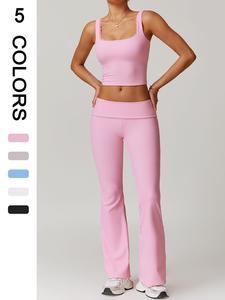 Women's Patchwork High-elastic Soft Square Neck Lace Backless Vest Pleated Waist-turned Hip Trousers Yoga suit Outdoor Running Cycling Hiking Walking Fashion suit Gym Training Versatile Vest Trousers