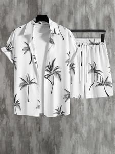 Men's Palm Tree Print Shirt & Drawstring Waist Shorts Set, Regular Fit Tropical Casual Shortsleeve Collared Top & Beach Shorts, Men's Summer Clothes for Vacation Holiday, Menswear