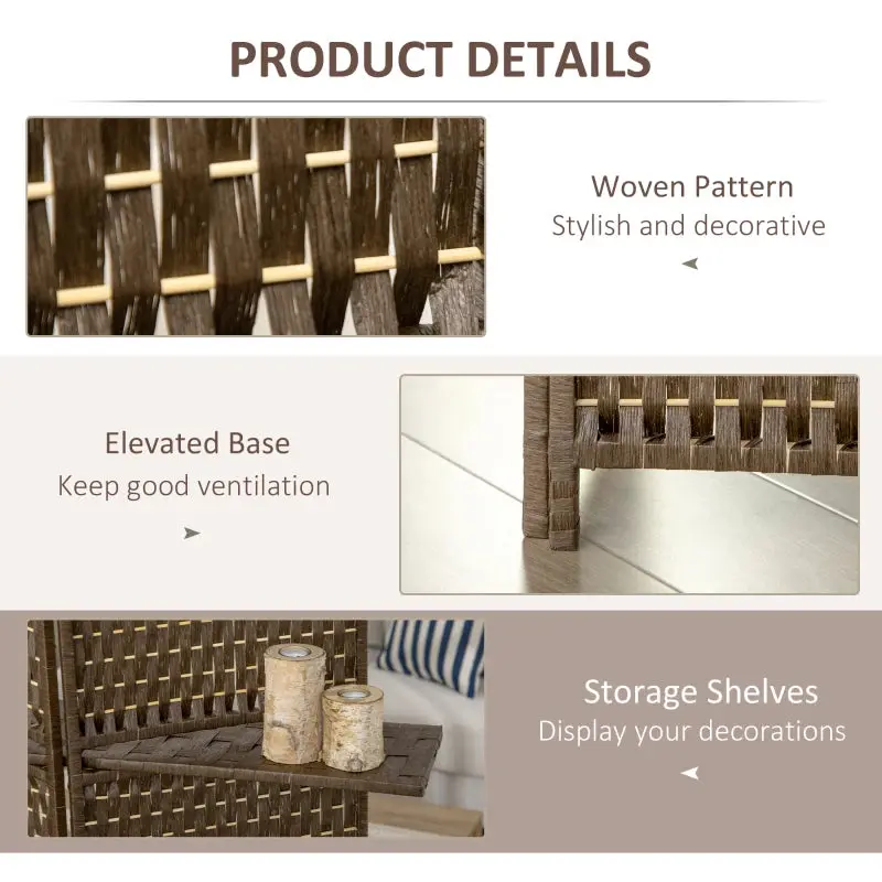 4-Panel Room Divider with Shelves, Wave Fibre Freestanding Folding Privacy Screen Panels 4