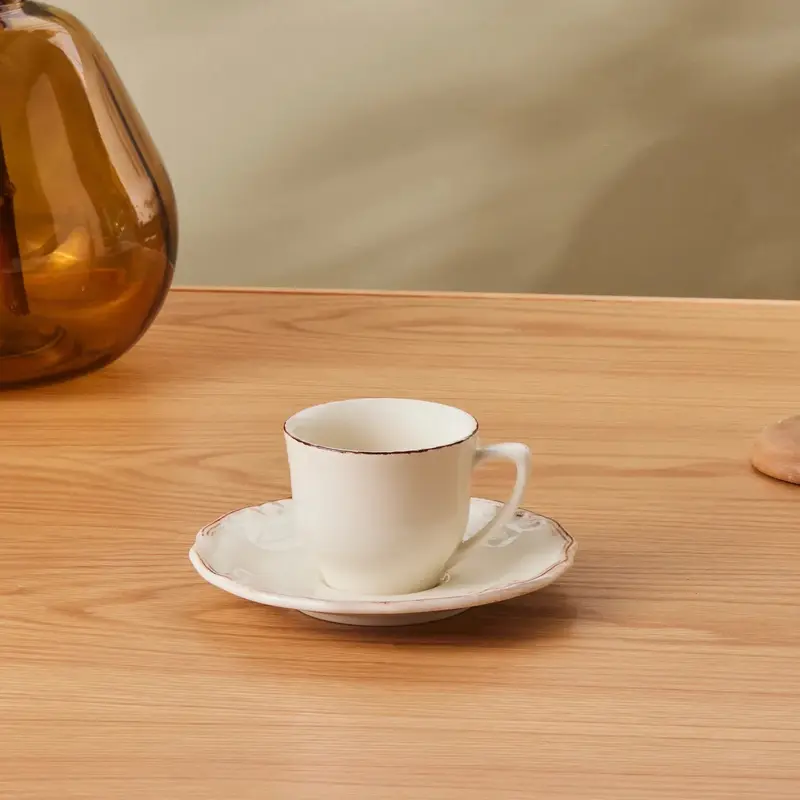 Karaca Elizabeth Ceramic Tea Cup and Saucer Set, 180ml, Ecru 3