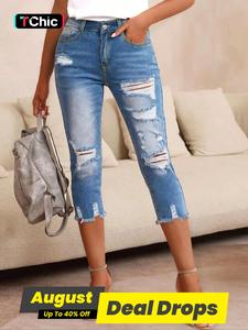 Women's Plain Ripped Raw Hem Skinny Jeans, Casual Pocket Button Capris Denim Pants for Summer, Capri Pants, Fashion Women's Denim for Daily Wear, Ripped Frayed Denim Womenswear, Slim Bottom, High Waisted Denim