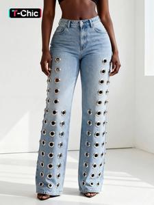 Women's Elastic Comfort Wide Leg Jeans, High Waist Hollow Out Design, Straight Leg Drawstring Denim Jeans, All Seasons Casual Fitted Plain Pattern, High Waisted Jeans