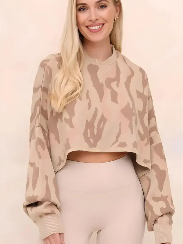 Luxe Knitwear Neutral Camo Jacquard Cropped Jumper - Trendy and Comfortable Knitwear Top - Chic -Womenswear 3