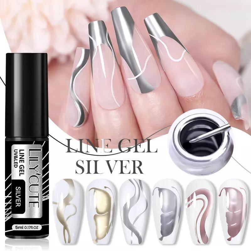 Metallic Nail Liner Gel Polish with Chrome Mirror Effect, Gold, Silver and Rose for UV/LED 4