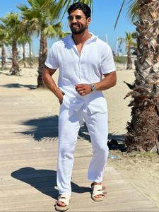 Men's Solid Color Button Front Shirt & Pants Two-Piece Set, Regular Fit Casual Short Sleeve Collared Top & Trousers for Summer, Men's Two-Piece Outfits for Beach Vacation