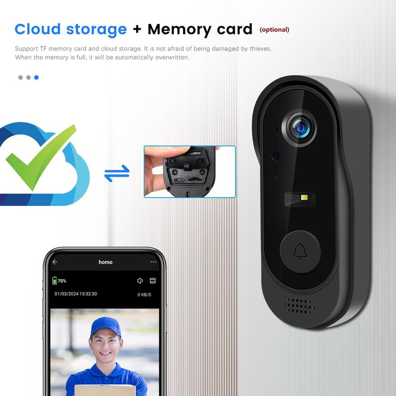 Wi-Fi Smart Video doorbell Phone Security Camera  Wireless with Motion Detection, Night Vision, Cloud Storage, Two Way Audio, Chime Ringer Included ，IP65 Waterproof 2