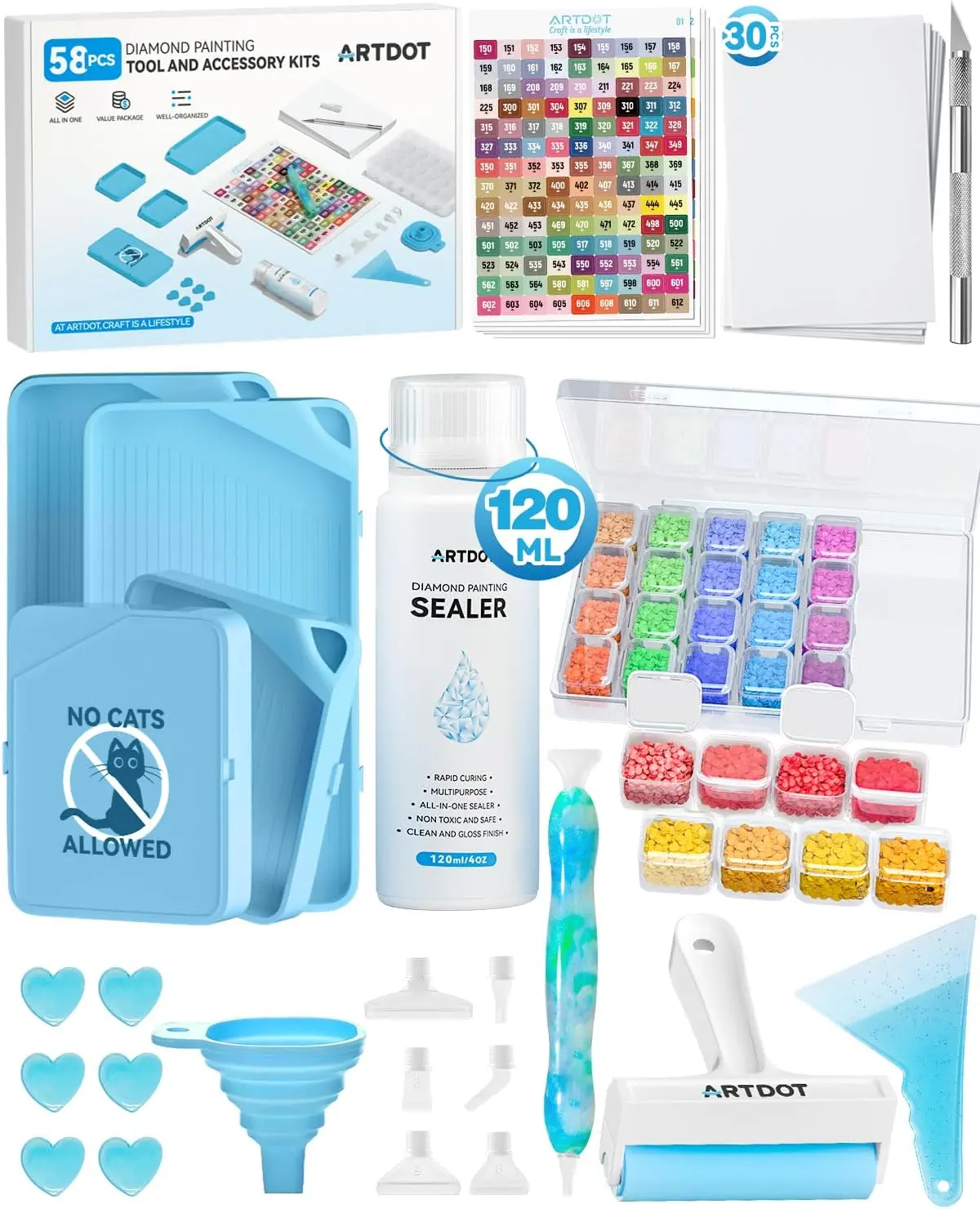 58-Piece Complete Diamond Painting Tool Kit for Beginners - All-in-One Accessories Set with Bead Organizers, Storage Pens, Sealer Roller, and More