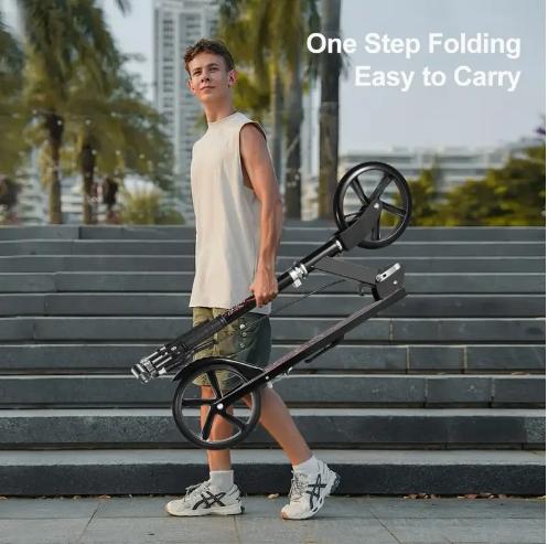Product Introduction of Children's colorful flashing wheel scooter, foldable, suitable for children aged 7-14, adjustable height, with brakes, large wheels, black 11