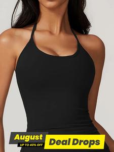 Women's Solid Backless Halter Neck Sports Vest, Casual Fitness Sleeveless Sports Top for Yoga Gym Workout, Ladies Sportswear Clothing for Indoor Outdoor Wear, Activewear Fitness, Athletic Training Apparel, Casual Sporty Halter Stylish Activewear
