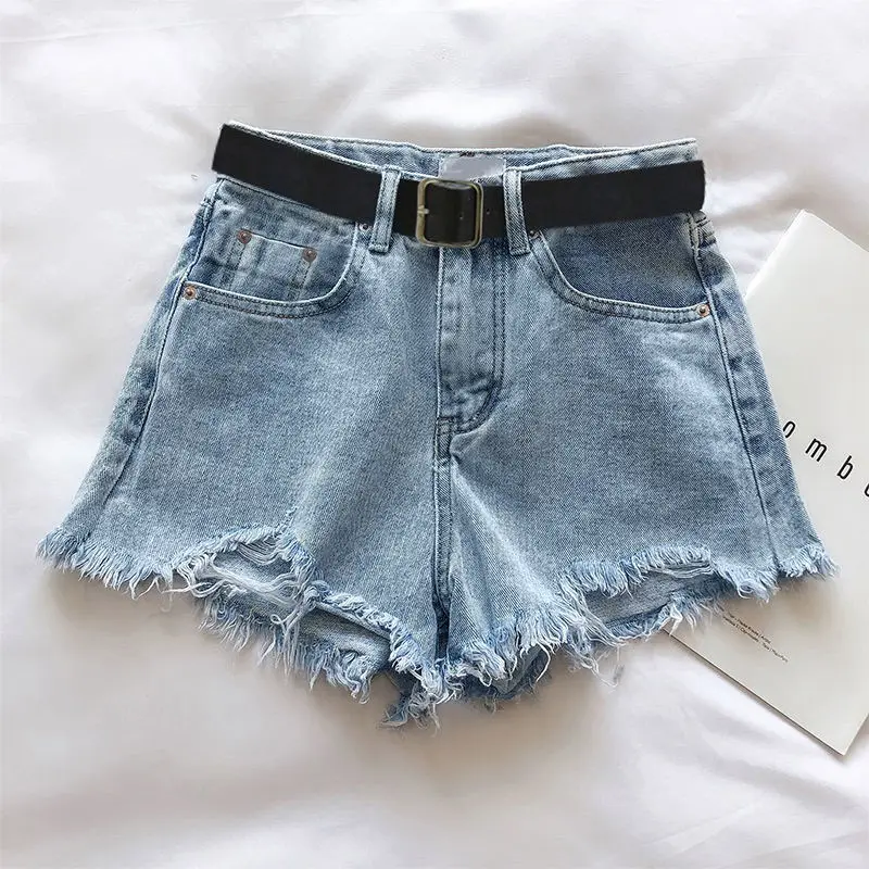 Women High Street Denim Shorts With Belt Casual High Waist A-line Jean Shorts Female Office Trousers Streetwear Summer