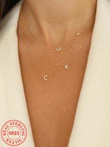 S925 Sterling Silver Letter Charm Chain Necklace, Gold Plated Necklace for Women & Girls, Fashion Jewelry for Party, Daily Decor, Trendy All-match & Exquisite Jewelry for Birthday Gift