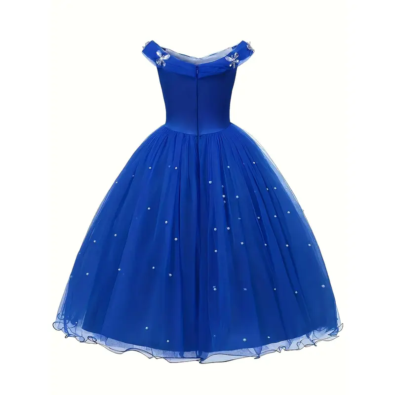 [Princess Dress | Off-Shoulder] Off-Shoulder One-Sleeve Girl's Princess Dress | Tulle with Artificial Diamonds and Pearls | for Festivals, Parties, Weddings, Flower Girl Dresses, Youngsters's Day Performances, Birthday Party Evening Gowns 1