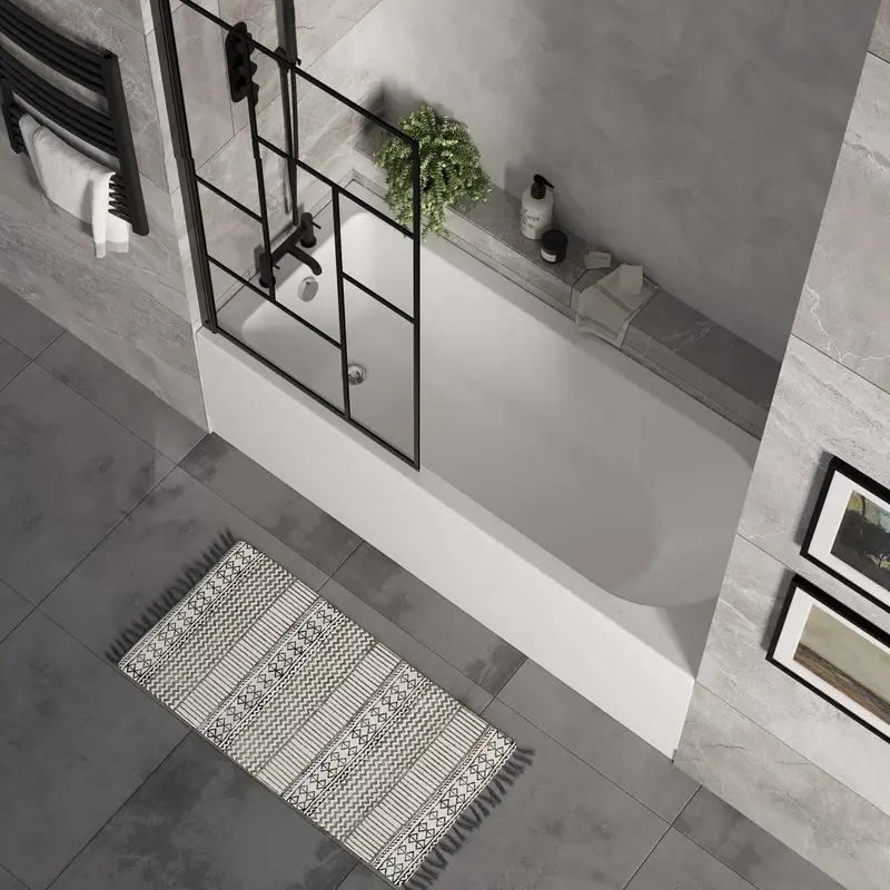 Round Single Ended Bath, Front Panel, Black Abstract Screen, Chrome Waste -1700x700mm 1