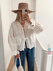 Women's Eyelet Embroidery Shirt, Casual Long Sleeve Top for Summer, Women's Clothing for Daily Wear