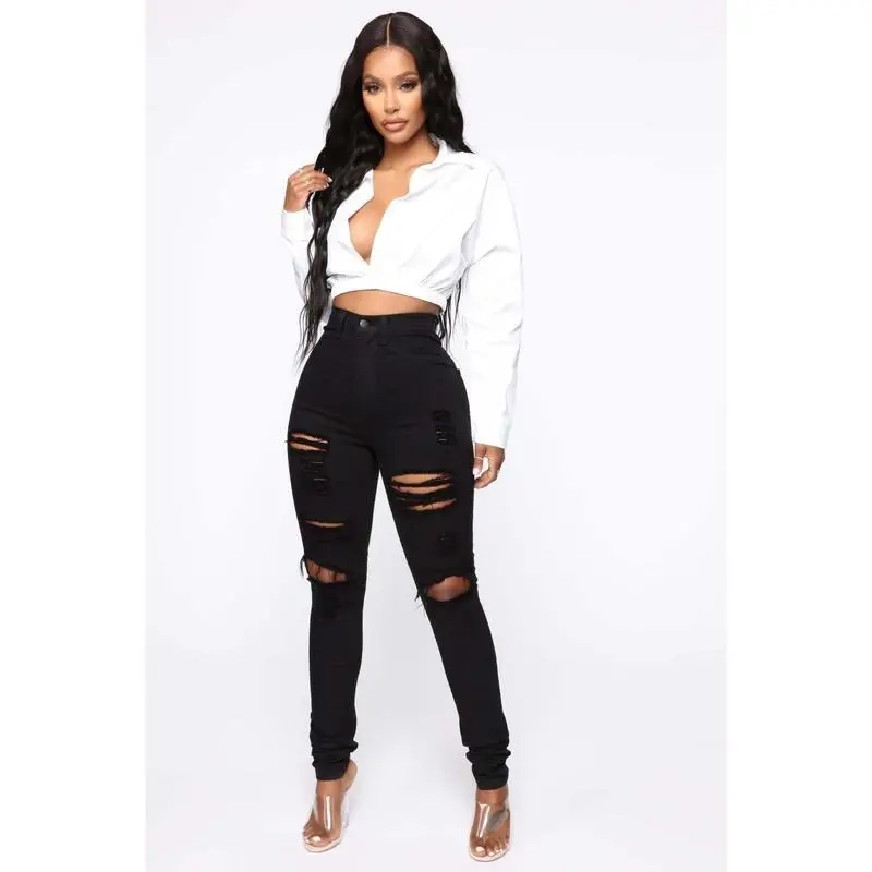 2025 Summer New Fashion Trend Cool Casual  Street Black and White Elastic Ripped Jeans Women's Pants 2