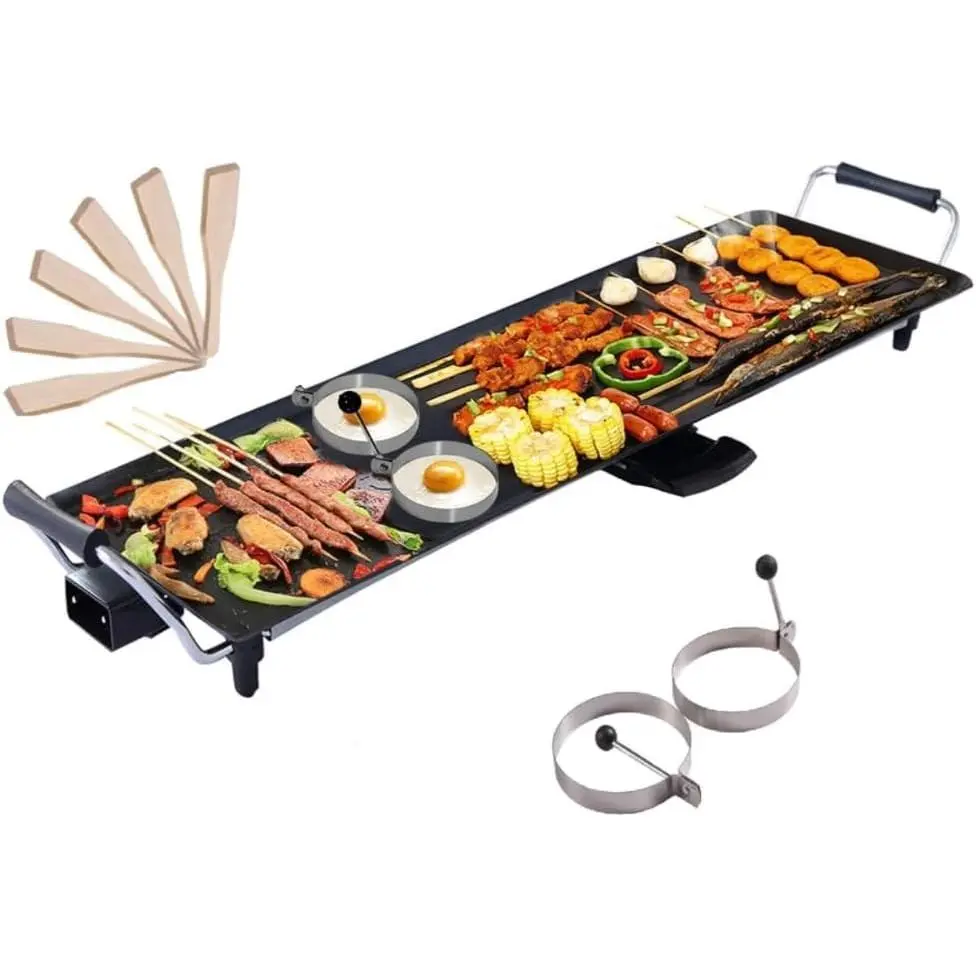 COSTWAY Electric Teppanyaki Table Grill, BBQ Griddle |   Non-stick Barbecue Hot Plate with Wooden Spatulas and 2 Egg Rings (XXL, 90 x 23CM)