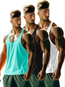 Men's Solid Color Racerback Sports Tank Top, Breathable Quick Drying Sleeveless Sports Top, Casual Comfy Gym Workout Running Top for Men