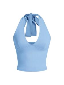 Women's Solid Knot Back Halter Cropped Tank Top, Fashion and Trends Casual Deep V Neck Sleeveless Backless Top for Summer, Ladies Clothes for Daily Wear, Womenswear, Light Blue