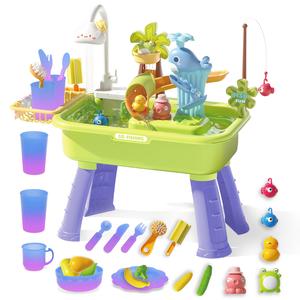 deAO  Simulation Kitchen Sink& Fishing Platform 2-in-1 Toy Set with Water Supply Function Simulation Dishwashing Set with Faucet Color-changing Tableware in Warm Water Children's Role Playing Toy with Accessories Gift