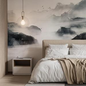 Chinese Mountain and Sea Pattern Wallpaper, 6 Counts/set Removable Self Adhesive Wall Decal, Wall Art Ocean Decor for Home Living Room Bedroom