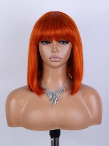 12 Inch Straight Bob Human Hair Colored Wigs with Bangs, Gorgeous Fluffy Wigs for Women, Human Hair Full Machine Wigs for Party, Daily Use