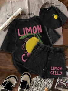 Two-Piece Set Women's Lemon Print Short Sleeve T-shirt & Skinny Shorts, Casual Round Neck Tee & Shorts for Summer, Ladies Clothes for Daily Wear, Suits