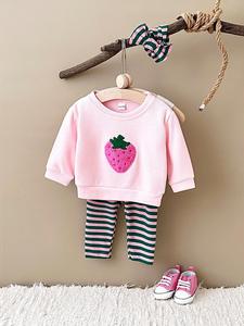Baby Girl's Strawberry Patched Sweatshirt & Striped Pants & Hairband Set, Cute Casual Long Sleeve Pullover & Trousers, Infant Toddler Kids Spring & Fall Clothes
