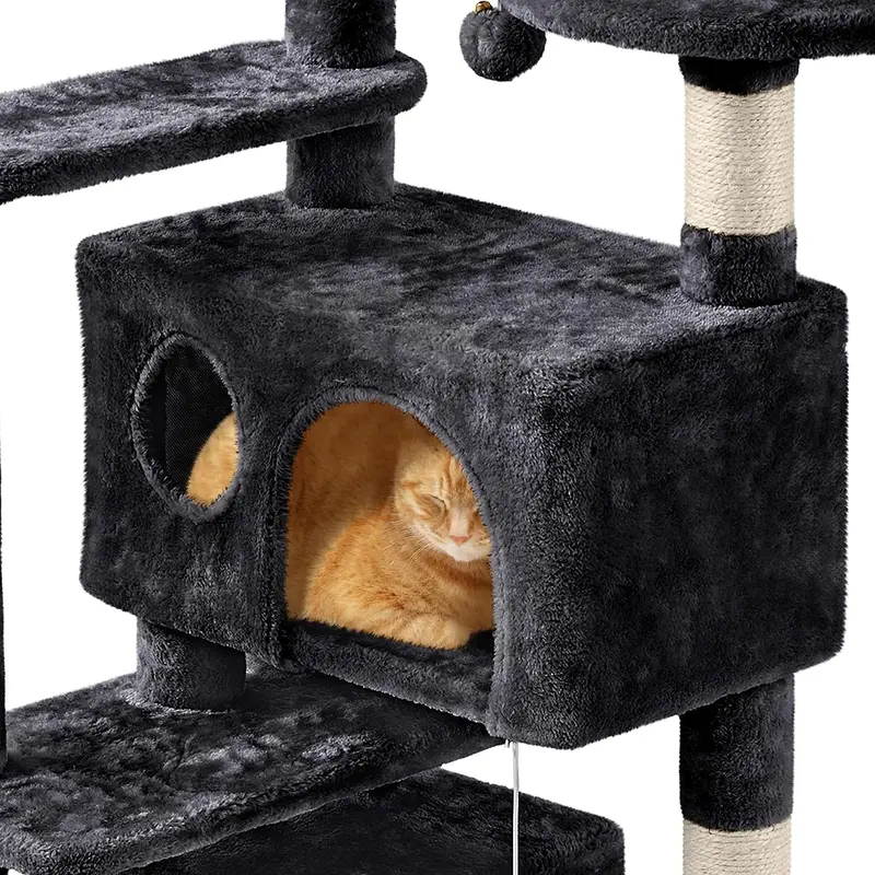 Cat Tree, 144.5cm Multilevel Cat Climbing Tower w/ 2 luxury Condos, Basket Cat Bed,3 Scratching Posts & Ladder for Indoor Cats, Black 5