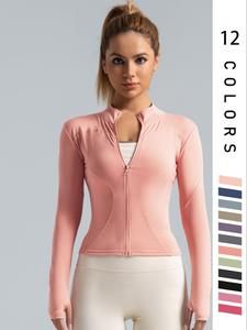 Women's Solid Zip Up Thumb Hole Sports Outwear, Quick Drying Breathable Long Sleeve Sports Top, Ladies Sportswear for Indoor Outdoor Wear