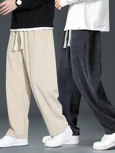 Men's Solid Drawstring Waist Corduroy Pants, Casual Comfy Pocket Straight Leg Trousers for Fall & Winter, Men's Bottoms for Daily Wear