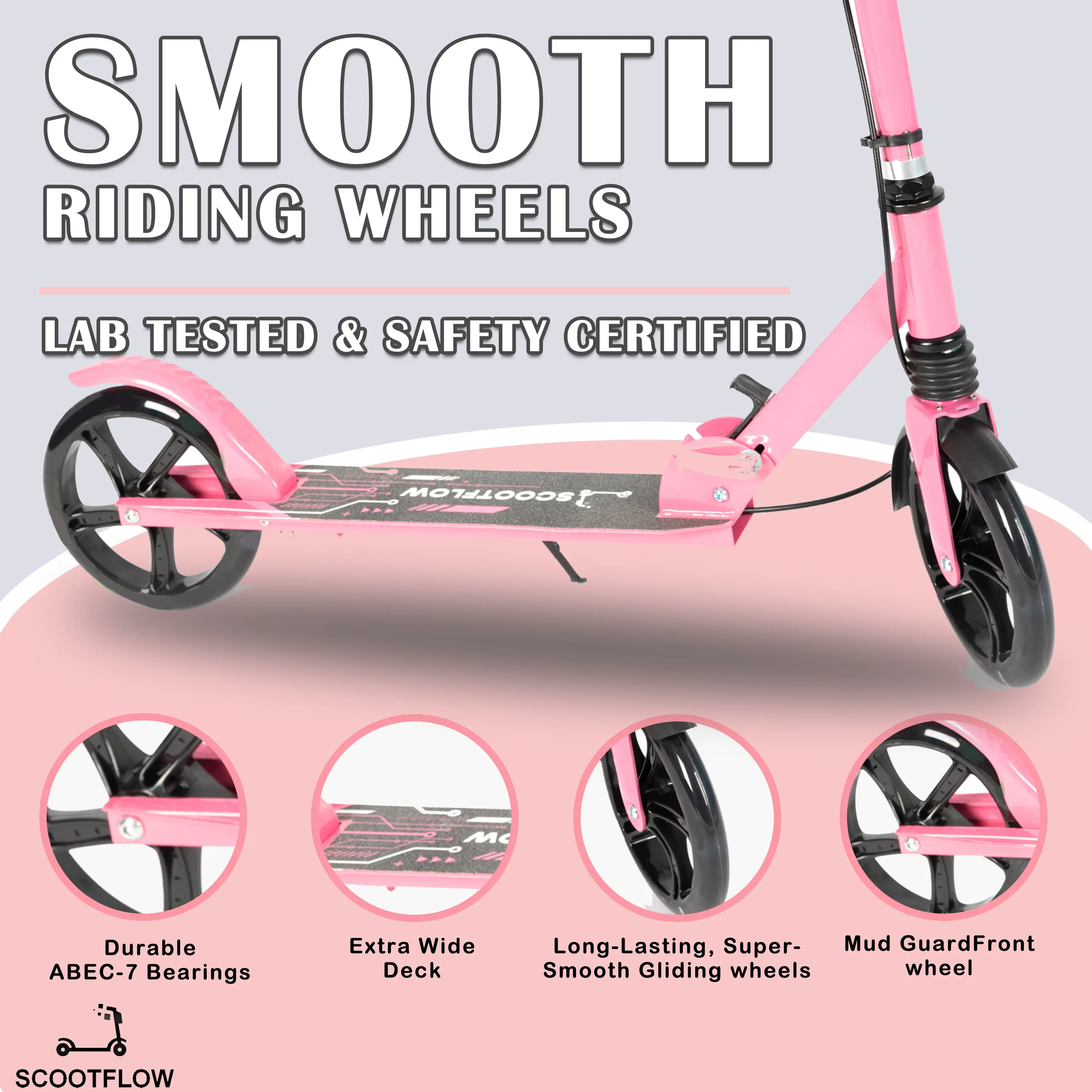 Pink & Black SCOOTFLOW skateboard | Suitable for all age groups | Can be folded in 1 second | 9-pound ultra-lightweight | Easy to carry | Adjustable to 37.8 inches | Suitable for various road conditions