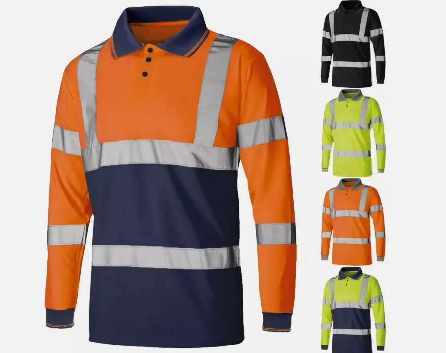 Mens long sleeve polo t shirt polyester collar top menswear workwear