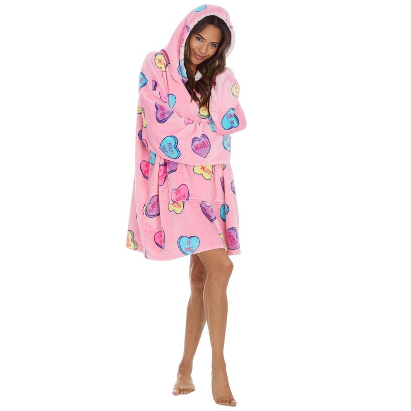 Ladies & Girls Oversized Fleece Hoodie - Heart Pyjamas Loungewear Pajamas 3