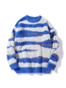 Unisex Men's Loose Colorblock Print Drop Shoulder Fuzzy Sweater, Casual Long Sleeve Round Neck Knit Top for Fall & Winter