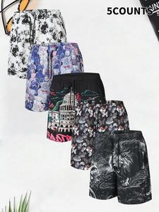 Men's Floral & Landscape Print Boxer Brief Swim Shorts, Regular Fit Casual Comfy Breathable Swim Shorts for Summer, Men's Swimwear for Beach Vacation