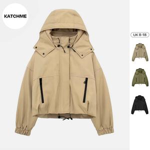 KatchMe Women's Oversize Waterproof Street Stand Collar Hooded Zip-Up Long Sleeve Short Trench Coat with Toggle, Plain Outerwear Jacket, Fall & Winter Streetwear