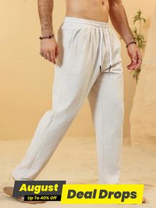 Men's Solid Plicated Drawstring Waist Linen Pants, Regular Fit Casual Classic Comfy Pocket Straight Leg Trousers, Men Bottoms for Daily Wear, Menswear, Casual Basic Trousers, Casual Streetwear Utility Trousers, Casual Comfy Loose Pants, Adjustable Waist