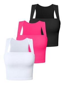 Women's Solid Square Neck Crop Sports Vest, Sporty High Stretch Sleeveless Tank Top for Indoor Outdoor Yoga Gym Workout, Ladies Sportswear for All Seasons