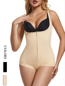 Women's Solid Color Hook & Eye Front Open Crotch Shapewear Bodysuit, Breathable Comfortable Shaper, Tummy Control Shapewear for Daily Wear