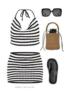 Women's Colorblock Striped Print Crochet Bikini Set, Casual Tie Shoulder Bikini Top & Skirt Swimwear Set, Two-piece Swimsuit for Summer Beach Holiday Vacation, Swim Kit, Tankini Outfit, Women's 2 Piece Sets, Cute Set Outfits, Tie Back Bikinis