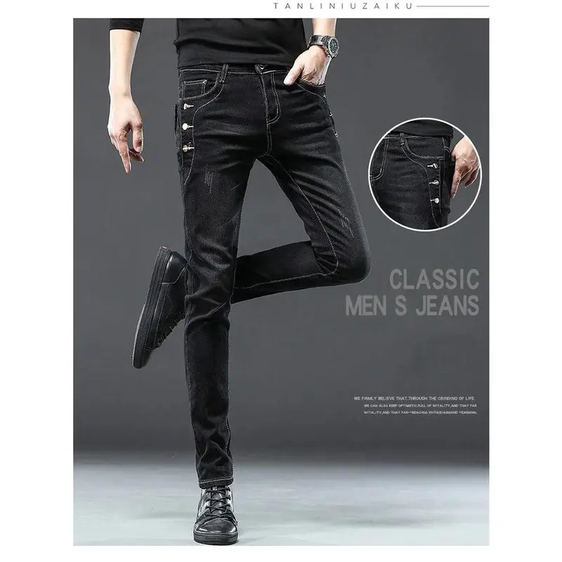 Classic Slim Vintage Fashion Men's Designer Jeans Snowflake Grey Wash Korean Fashion Stretch Pants Multi-button Denim Trousers 6